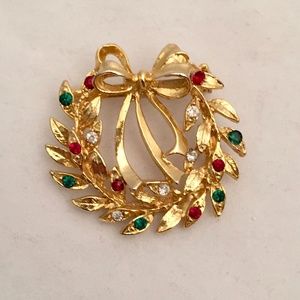 Vintage EISENBERG ICE Christmas WREATH BROOCH Pin Gold Tone & Rhinestones